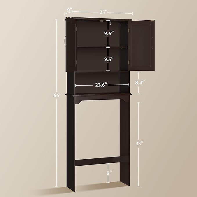 Topeakmart Over The Toilet Storage Cabinet Bathroom Organizer with Adjustable Shelf & Double Doors for Toilet, Home Space-Saving Furniture, L24.5xW9xH66 Inches, Espresso