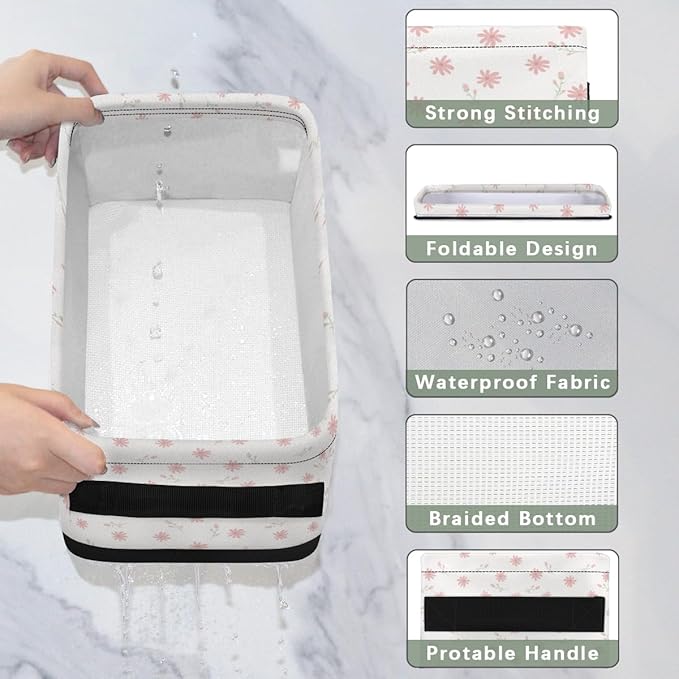 Bathroom Storage Basket Waterproof Foldable Floral Storage Bins with Handles Decorative Toilet Paper Organizer for House Bathroom Toiletries