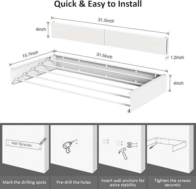 Laundry Drying Rack, Collapsible Wall Mounted Clothes Drying Rack - Drying Rack Clothing Foldable,Space Saving, 31" Wide, 13.2 Linear Ft, 5 Aluminum Rods, 60 lb Capacity (White, 31")