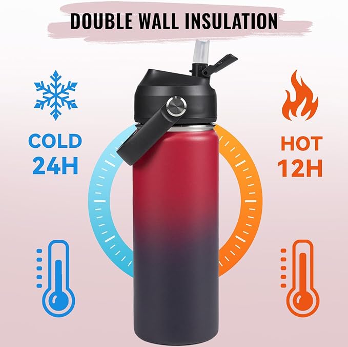 18oz Insulated Stainless Steel Water Bottle, Wide Mouth Double Wall Vacuum, Silicone Straw, Sweat & Leak Proof, BPA Free Insulated Water Flask for Travel, Keep Cold 24h Hot 12h, Red