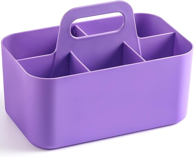Multiuse Caddy Organizer with Handle, Stackable Plastic Tote Bin - Art Craft Supplies, Office, Desk, Stationery Pen Holder, Kitchen, Utensil, Makeup, Bathroom, Shower, Cleaning, Dorm Organizer, Purple