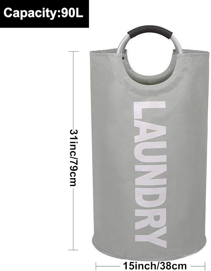Mziart 90L Large Collapsible Laundry Hamper Laundry Basket with Alloy Handles for College, Camping and Home, Heavy Duty and Durable Thicken Foldable Clothes Storage Washing Bag (Grey)