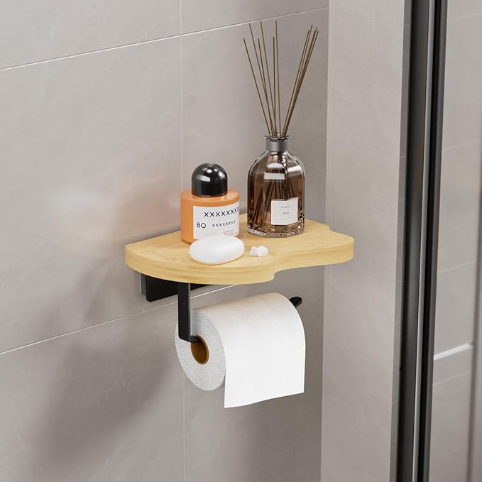 Wall Mounted Toilet Paper Holder with Shelf, Bamboo Wood and Matte Black Metal, 7.08x5.11 Inch Storage Rack for Bathroom