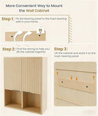 HAIOOU Fluted Bathroom Wall Cabinet with Motion Sensor Light, Curved Profile Wooden Medicine Cabinet Wall Mounted Cupboard, Wave Like Over Toilet Storage Cabinet with Buffering Hinges - Natural