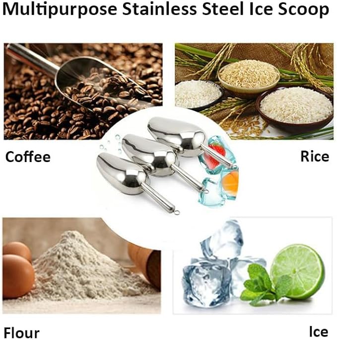 Set of 1 Ice Scoop, Stainless Steel Kitchen Ice Scoop for Canisters or Ice Maker, Food Scoops for Canisters, Freezer, Flour, Dry Foods, Coffee Beans, Pop Corn, Pet Dog Cat Food (Stainless Steel-L)