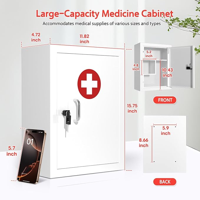 Locking Medicine Cabinet Wall-Mount: Storage Cabinet with Lock & Key - White Metal First Aid Kits for Family Safety and Childproofing