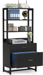 Tribesigns 2 Drawer Vertical File Cabinet with Lock & Bookshelf, Letter Size Large Modern Filing Cabinet Printer Stand with Open Storage Shelves for Home Office, Black