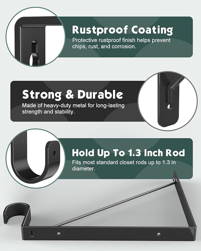 2 Pack Closet Rod Bracket, Heavy Duty Closet Rod Support with Rod Holder, Wall Mounted Closet Shelf Brackets with Triangle Stabilizing Design for Closet, Bathroom and Kitchen, Black