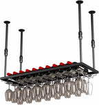 Ceiling Mounted Storage Racks Hanging Wine Rack, Adjustable Height Metal Ceiling Bottle Rack, Black Display Wine Storage Holder with Stemware Glass Shelf for Kitchen (Black 100 x 30cm)