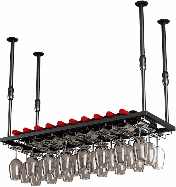 Ceiling Mounted Storage Racks Hanging Wine Rack, Adjustable Height Metal Ceiling Bottle Rack, Black Display Wine Storage Holder with Stemware Glass Shelf for Kitchen (Black 100 x 30cm)