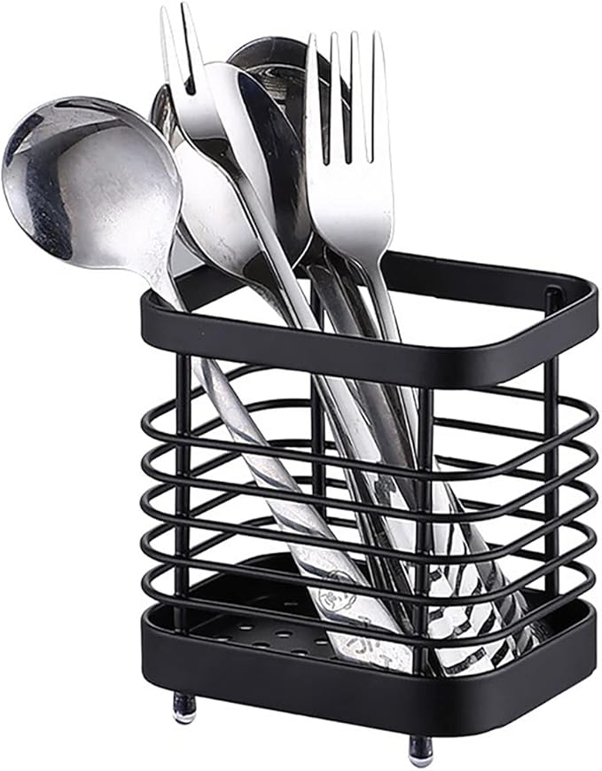 Utensil Holder, Stainless Steel Utensil Drying Rack，Wire Utensil Holder for Kitchen Counter, Silverware Cutlery Flatware Holder Forks, Knives, Spoons Organizer (Black)