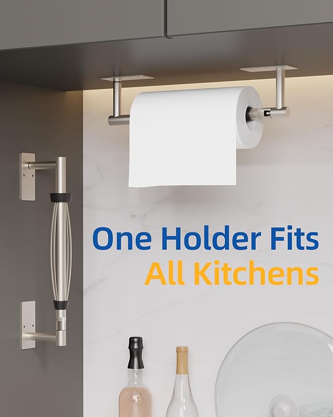 RUACQ Paper Towel Holder Under Cabinet, One Hand Tearing Paper Towel Holder with Damping Effect, Wall Mount & Adhesive Stainless Steel Paper Roll Holder for Kitchen Bathroom (Brushed Nickel)