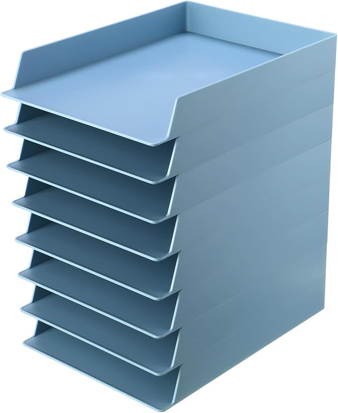 TecUnite 8 Pieces Stackable Letter Trays Blue Rectangular Stackable Office Letter Size Plastic Organizer Desk Tray for Desk Plastic Stacking Support for File Storage Office Classroom