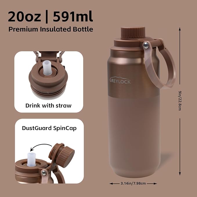 Greylock 20 oz Insulated Water Bottle with Straw Lid, Reusable Stainless Steel Sports Water Bottles with Foldable Handle, Leak Proof, Double-Wall Vacuum Insulation, 24 Hours Cold (Sunset Bronze)