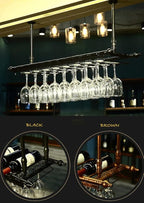 2-in-1 Industrial Wine Rack, 47.3" Adjustable Metal Pipe Wine Bottle Storage Rack with Glass Holders & Shelf, Space-Saving Vertical Installation for Kitchen Bar, Black