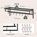 Hanging Pot Rack, Wall-Mounted Pot Rack, Kitchen Cookware Organizer, Metal Pot and pan Organizer Holder, for Cookware, Utensils Organization, Black TPR38BB