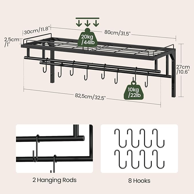 Hanging Pot Rack, Wall-Mounted Pot Rack, Kitchen Cookware Organizer, Metal Pot and pan Organizer Holder, for Cookware, Utensils Organization, Black TPR38BB