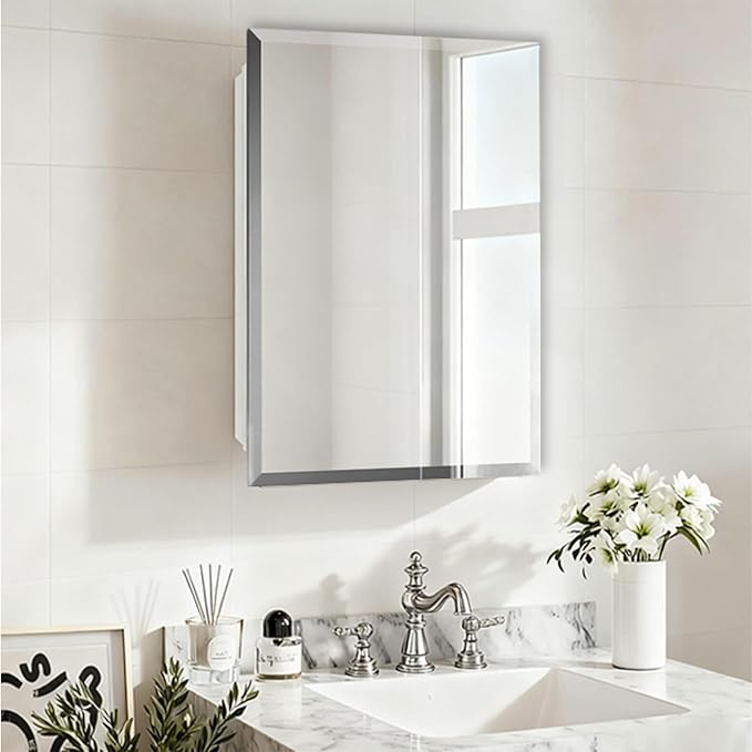 16x22 inch Plastic Medicine Cabinet with Mirror, Recessed Medicine Cabinet or Surface Wall Mount Bathroom Cabinets with Adjustable Shelves, Beveled Edge Mirror Cabinet