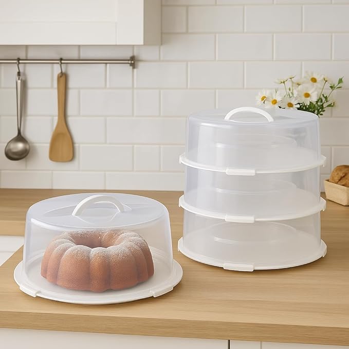 2-Pack Reusable Cake Carriers with Lids – 12 x 12 x 4.75 Inch BPA-Free Plastic Cake Containers – Fits 10-Inch Cakes – Freezer Safe, Stackable Storage with Handles for Transport