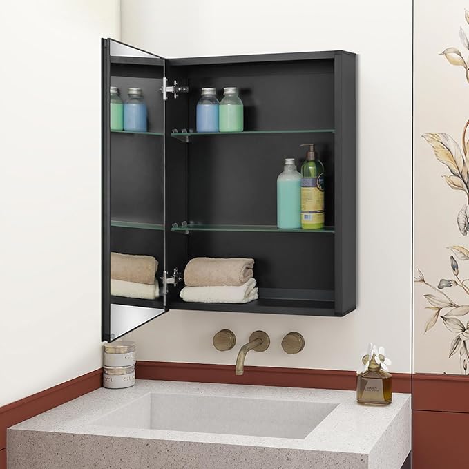 Fundin Medicine Cabinet 20 x 26 inches Mirror Size, Recessed or Surface Mount, Black Aluminum Bathroom Wall Cabinet with Mirror and Adjustable Shelves.