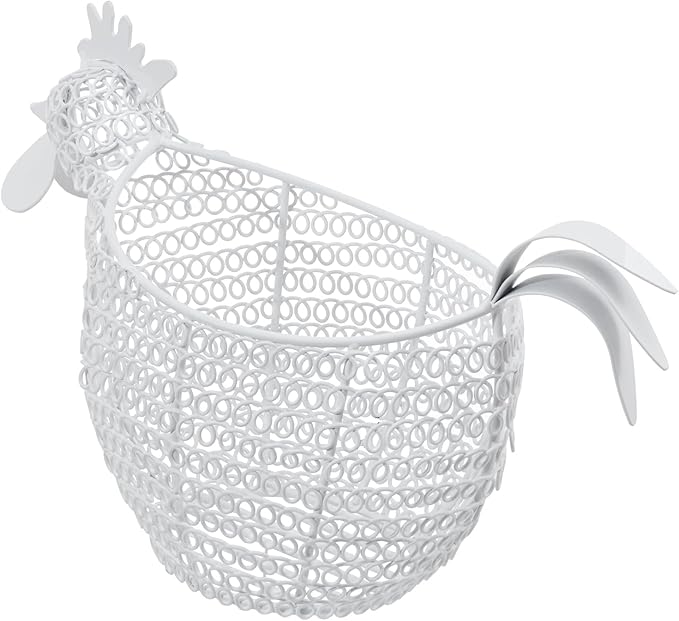MyGift Modern Matte White Metal Wire Egg Storage Basket in Decorative Chicken Shaped Design, Farmhouse Container for Gathering Fresh Eggs and Easter Decor