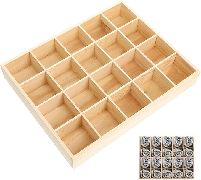 Gatuida Underwear Storage Case, 20 Compartments Sock Organizer, Wooden Drawer Organizer Divider Sundries Container Storage Box for Socks Panties, 13.38 x 10.62 x 1.96 inches