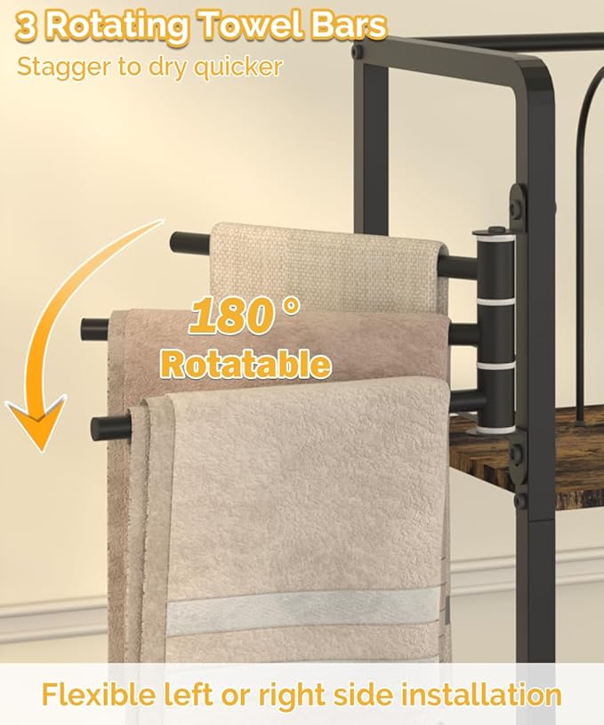 Free Standing Towel Racks for Bathroom with 3 Rotating Bars, 3-Tier Floor Towels Holder Stand with Detachable Dividers, Pool Towel Storage Organizer with 8 S-Hooks for Home, Poolside, Black