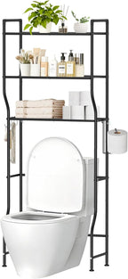 Over The Toilet Storage, 3-Tier Heavy Duty Metal Bathroom Organizer and Storage Rack, Space-Saving Above Toilet Cabinet Shelf with Paper Holder & 4 Hooks, Black