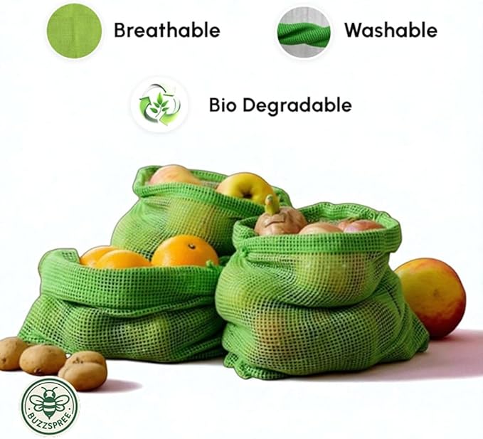 Eco-Friendly Organic Cotton Mesh Produce Bags [Pack of 6] | Reusable Mesh Produce Bags for Grocery Shopping, Fruit & Vegetable Storage | Washable Drawstring Vegetable Bags for Kitchen & Fridge