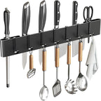 Kitchen Utensil Hanger: Wall Mount Holder Hanging Rack,7 Hooks Utensil Racks,No Drilling for Kitchen,Pantry,Bathroom,Livingroom 15.75 Inch (Black)