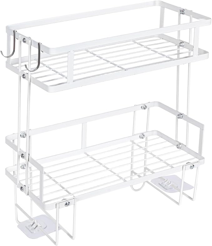 PowerKing Over The Toilet Storage Shelf, 2-Tier Bathroom Organizer Rack with 2 Hooks, No-Drill, Rust-Resistant Steel, Toilet Paper Holder for Restroom Bathroom, White