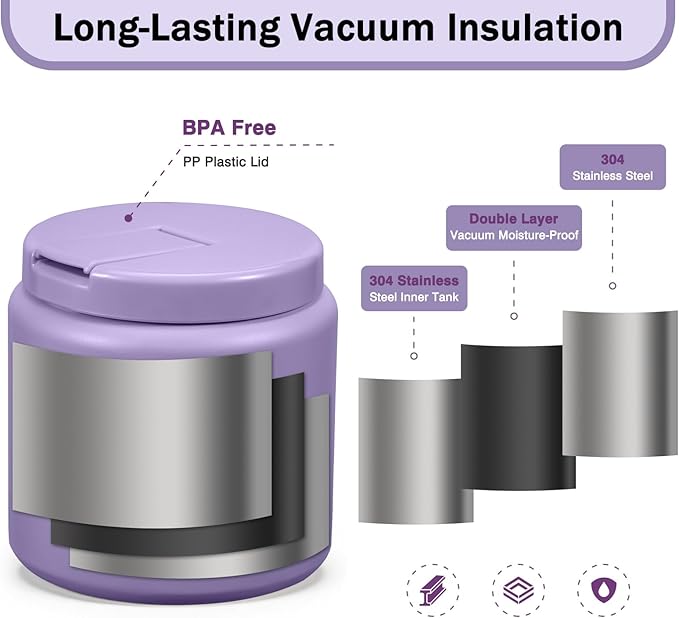 26oz Kids Jar for Hot Food, Insulated Vacuum Food Jar with Buckle Lid, Stainless Steel Wide Mouth Leak Proof Insulated Lunch Container for School Picnic Travel, Purple