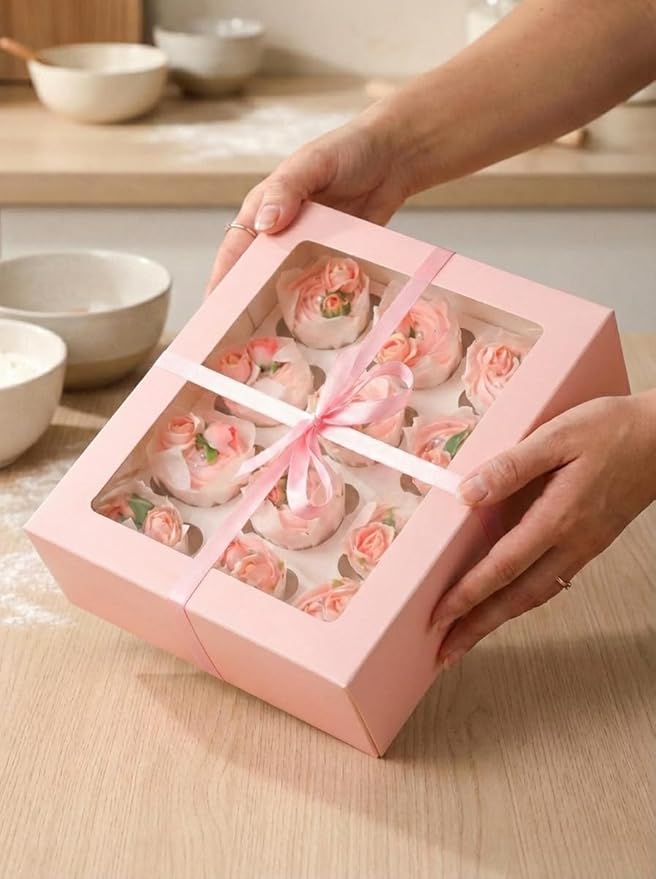 Bakepacker 12 Cupcake Containers 20-Packs Pink Cupcake Box Cupcakes Carrier, 12 Cupcake Boxes with Window 13"x10"x3.5"（Auto-pop up）