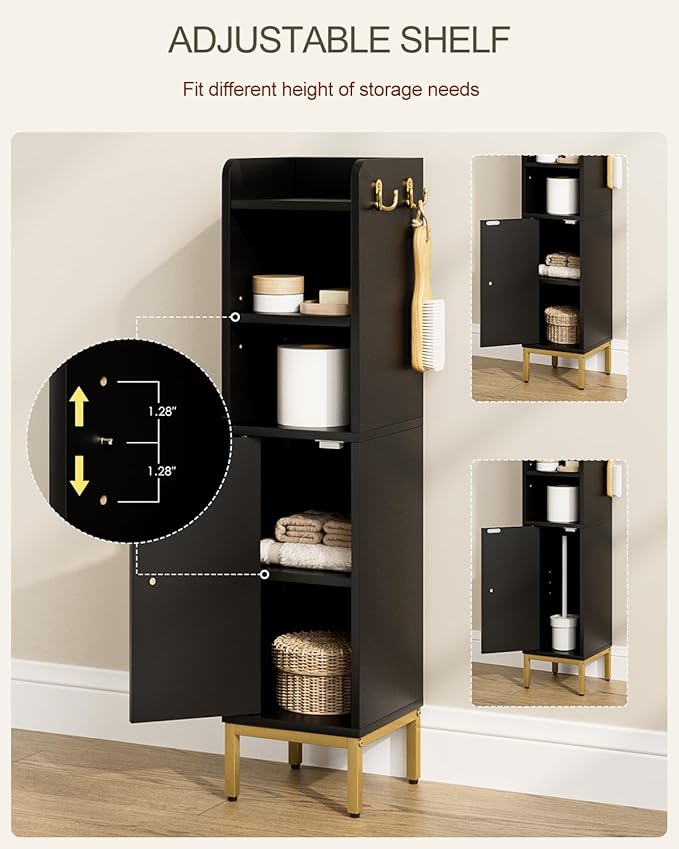 Narrow Bathroom Storage Cabinet, 33.2" H Thin Free Standing Floor Organizer with Door & Shelves, Black Slim Toilet Paper Holder Stand, Cabinet Organizer for Tight Small Spaces