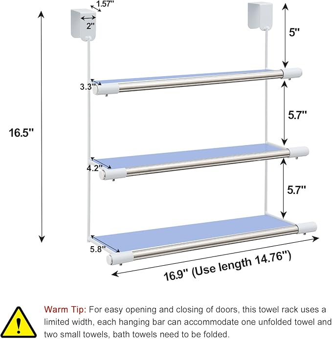 3-Tier Over The Door Towel Rack, Durable Stainless Steel 16 Inch Towel Hanger & Holder, No Drilling Tool-Free Install, Fits 1.5 Inch Standard Bathroom/Shower Door, Space Saving Hanging Storage