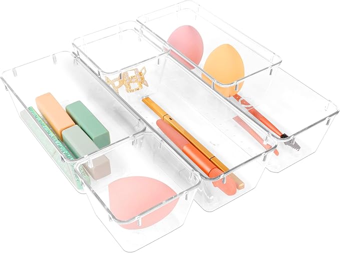 25 PCS Clear Plastic Drawer Organizer Set,Vanity Organizer Storage Bins Containers,4 Size Desk Drawer Organizer Tray