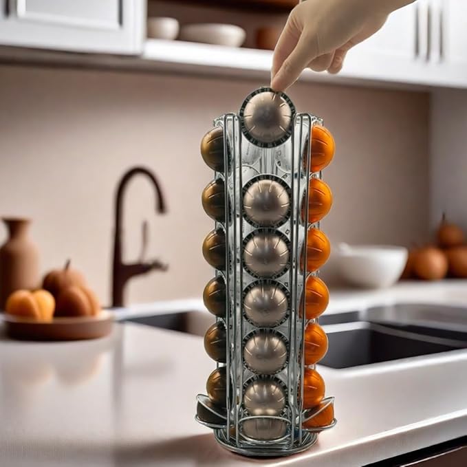 Miuly Coffee Capsule Holder For Nespresso Vertuoline, Coffee Capsule Stands Rotating Pod Rack holds 35 Nespresso Vertuo Pods, Silver
