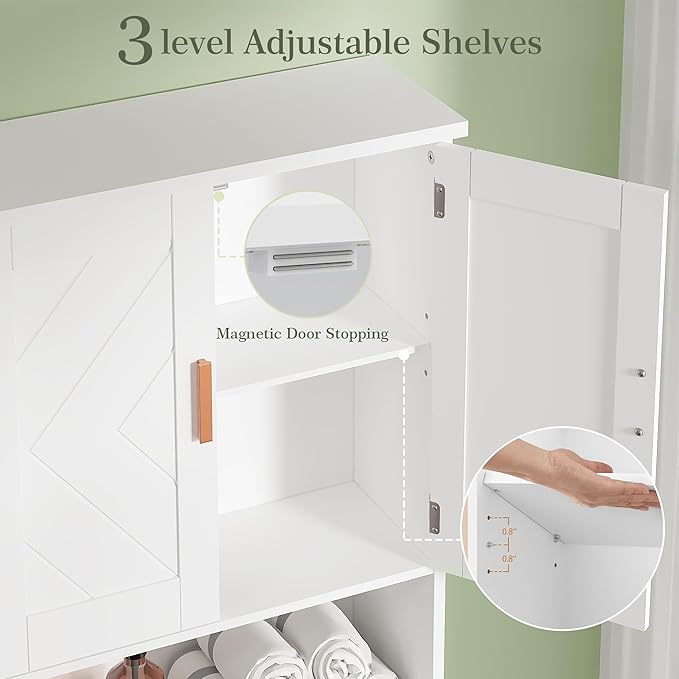 VECELO Over The Toilet Storage Cabinet, Over Toilet Bathroom Shelf with Double Doors and Anti-Tip Device, Inner Adjustable Shelf, White
