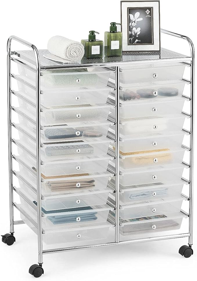 GOFLAME 20-Drawer Rolling Storage Cart, Multifunctional Art Craft Organizer Cart, Mobile Utility Storage Cart with Removable Drawers & Lockable Wheels, Craft Cart for Home Office School, Clear