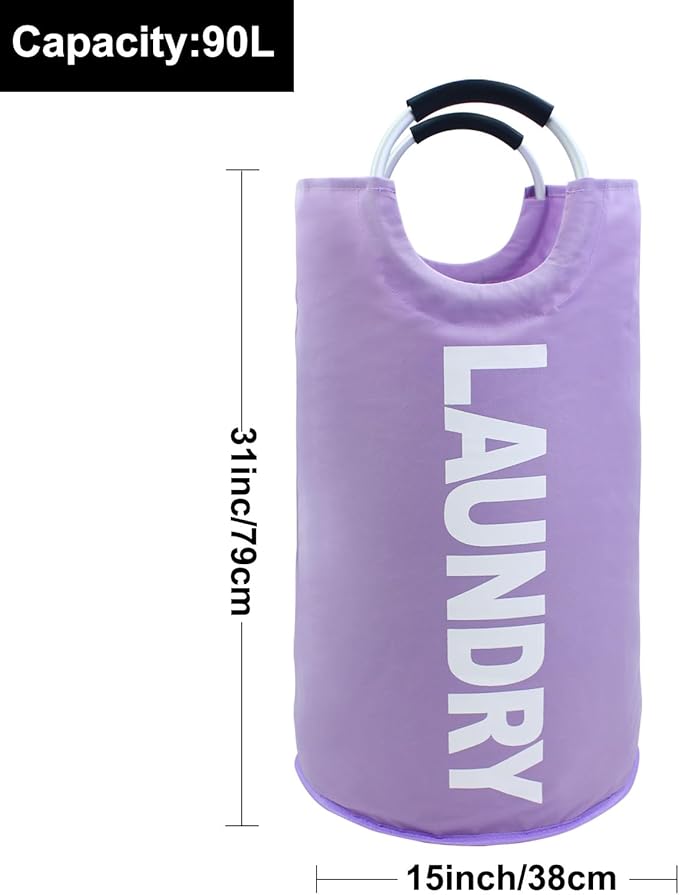 Mziart 90L Large Collapsible Laundry Basket with Padded Handles, Heavy Duty Oxford Fabric Laundry Hamper Tall Laundry Bag Foldable Laundry Bin Storage Organizer for Nursery Bedroom College Dorm-Purple