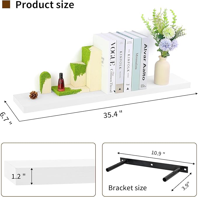 Floating Shelves for Wall, Wall Mounted Rustic Wood Shelves for Bathroom, Bedroom, Living Room, Kitchen, Hanging Shelf for Books/Storage/Room (White, 35.4")