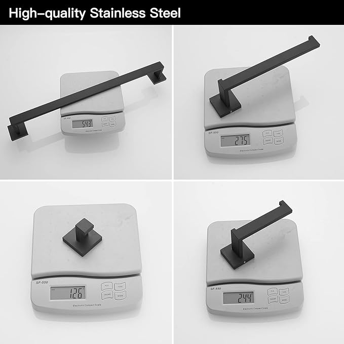 BWE 5 Pieces Matte Black Bathroom Hardware Set SUS304 Stainless Steel Include 21.9" Towel Bar,Hand Towel Holder,Toilet Paper Holder and 2 Robe Hook Square Bathroom Accessories Set Wall Mounted