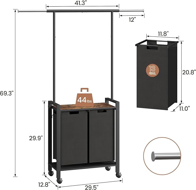 Laundry Sorter, Rolling Laundry Hamper 2-Section with Hanging Rack & Wheels,Laundry Basket Organizer for Laundry Room, Rustic Brown