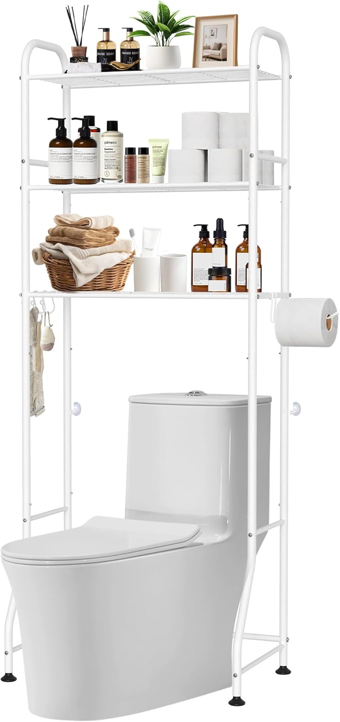 3-Tier No-Drill Over Toilet Storage Rack - White Metal Bathroom Organizer with Hooks & Paper Holder for Small Space