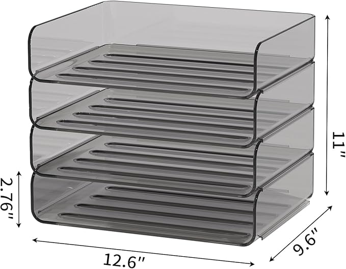 4-Tier Horizontal Acrylic Paper Tray Organizer | Clear Stackable Desk Organizer for Documents, Letters, A4 Paper | Modern Office/Classroom/Home Organization,Brown