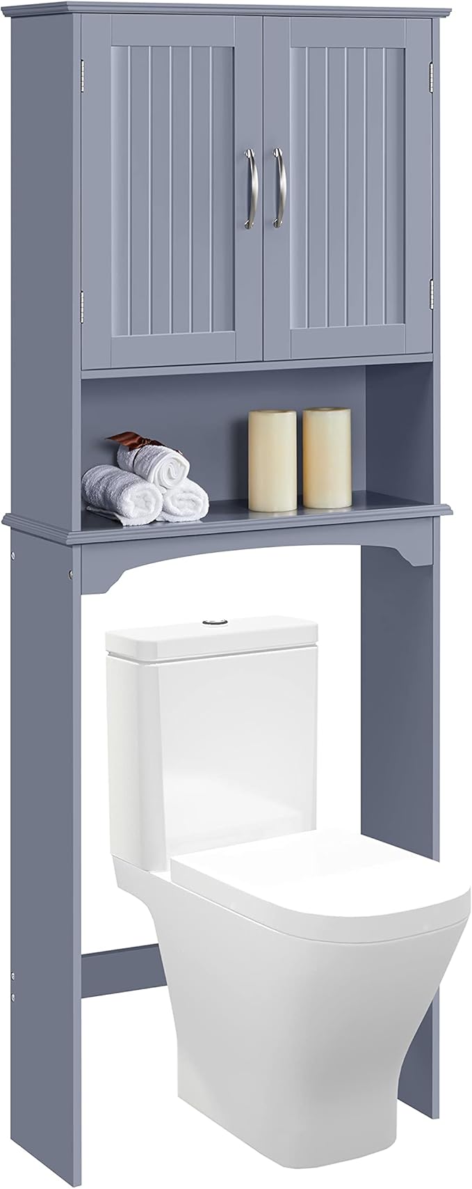 Topeakmart Over the Toilet Storage, Bathroom Storage Organizer with 2 Doors and Adjustable Shelf, L24.5xW9xH66 Inches, Gray