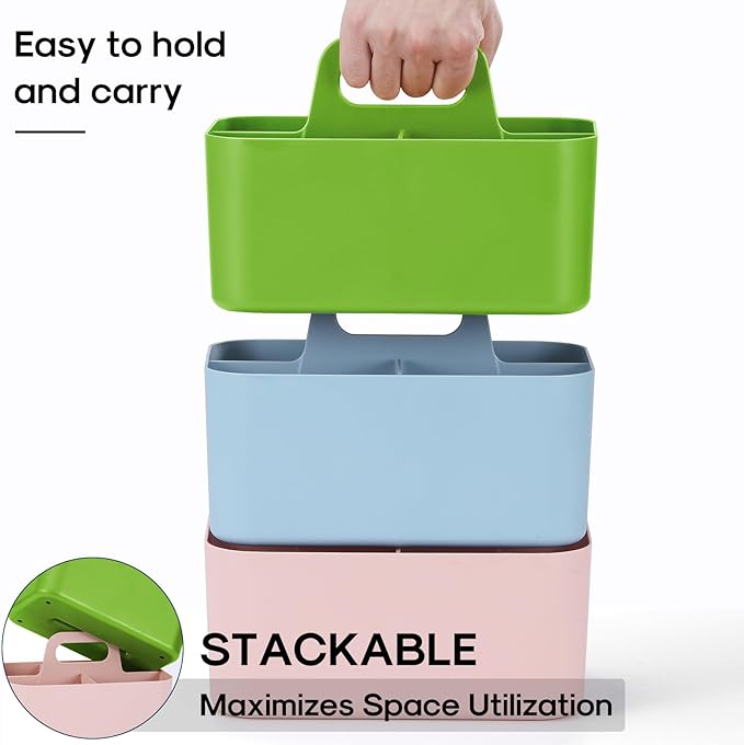 Multiuse Caddy Organizer with Handle - Stackable Plastic Tote Bin - Art Craft Supplies, Office, Desk, Stationery Pen Holder, Kitchen, Utensil, Makeup, Bathroom, Shower, Cleaning, Dorm Organizer -Green