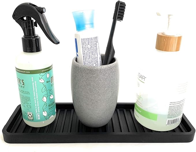 Happitasa Silicone Kitchen Sink Organizer Tray, Sponge Holder and Countertop Protector | Bathroom and Kitchen Soap Dish and Dispenser Tray (Black, 12"x4")