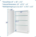 Bathroom Medicine Cabinet with Beveled Edge Mirrored Door 24 x 30 inch, Recessed or Surface Mount, with Adjustable Glass Shelves