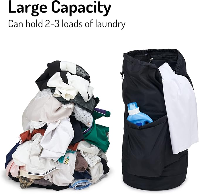 Seiritex Laundry Backpack Bag, Dirty Clothes Travel Laundry Bag with Shoulder Straps for College Dorm Room (Black)